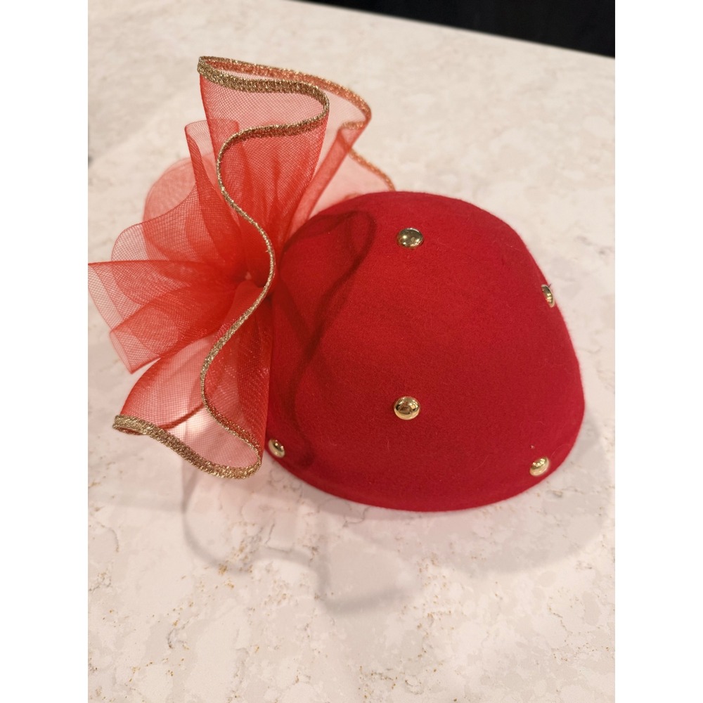 Vintage Red Wool Pillbox Hat Gold‎ Studs Oversized Mesh Bow Holiday Fascinator